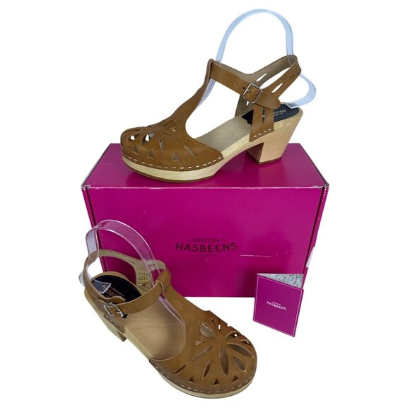 Swedish Hasbeens Women's Lacy Sandal Natural Leather Lime Wood Heels EU 37, US 7 - Picture 1 of 16
